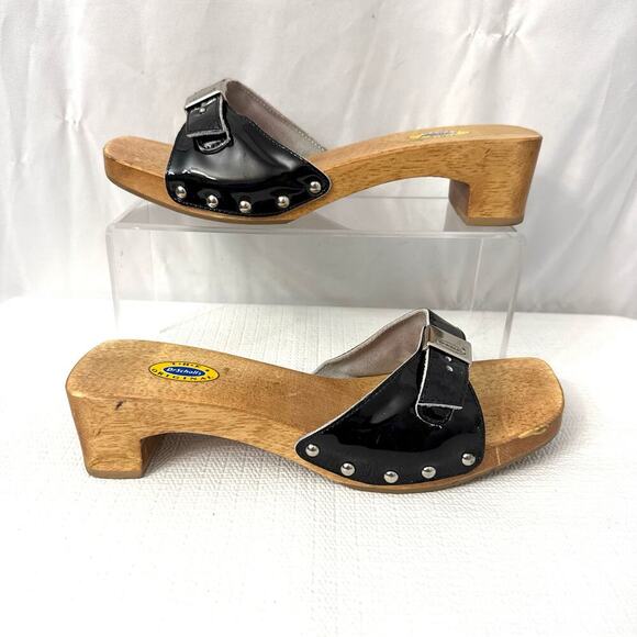 Dr Scholls Sandals Womens 8 M Black Leather Wooden Exercise Clog Slide Brazil - Picture 9 of 11